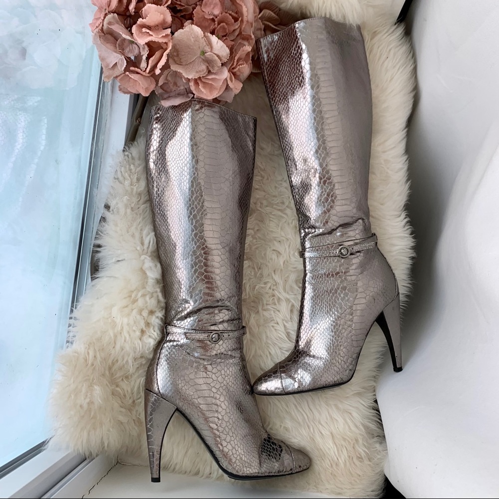 SAM EDELMAN SILVER SNAKE SKIN KNEE HIGH BOOTS